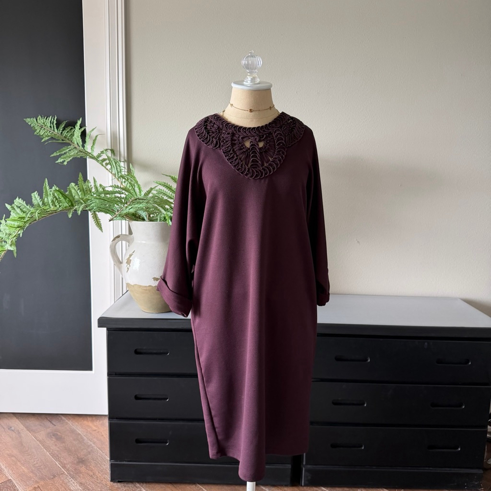 Uterque Burgundy Knit Kaftan Dress Size S Beaded Collar